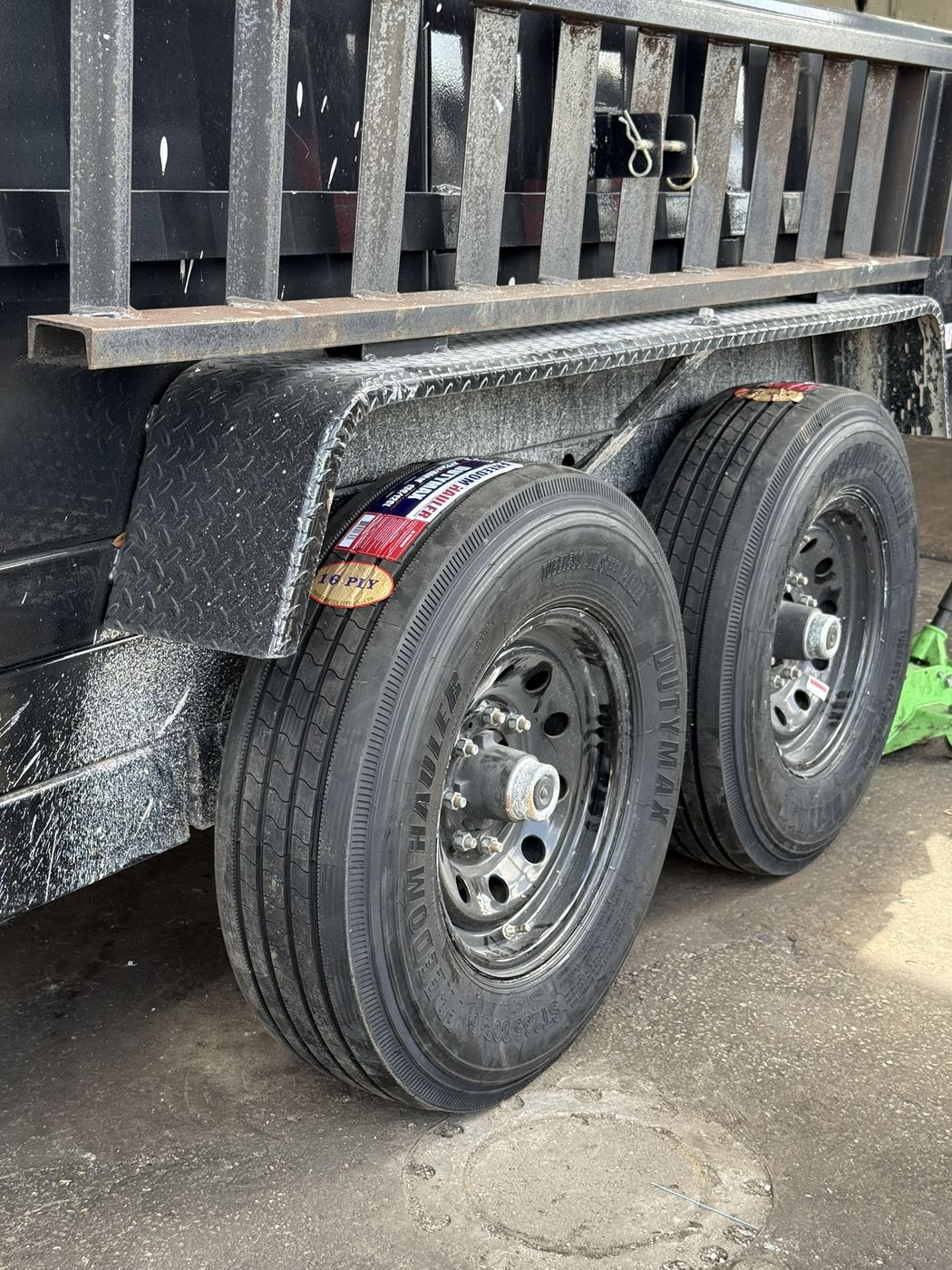 Dump trailer with new tires installed